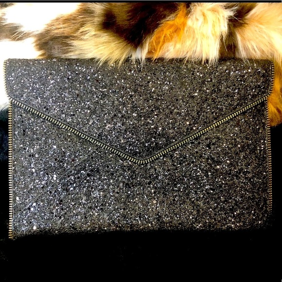 NWT! Rebecca Minkoff  Black Sparkly Envelope Clutch with Gunmetal Hardware - Picture 7 of 16